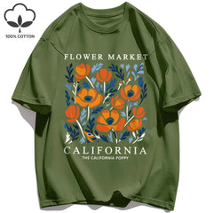 Women's California Yellow Flowers Market Print T-Shirt | Soft Cotton O-Neck Casual Crewneck Short Sleeve