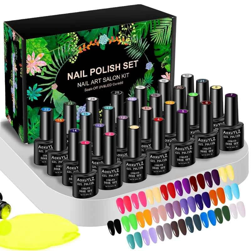Professional 28 Piece Glass Bottle Gel Collection – 25 Color Palette with High-Gloss & Velvet Matte Finishes