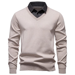 Men’s "Fake Two Piece" Thermal Pullover | Slim Fit Fleece Lined Smart Casual Sweater