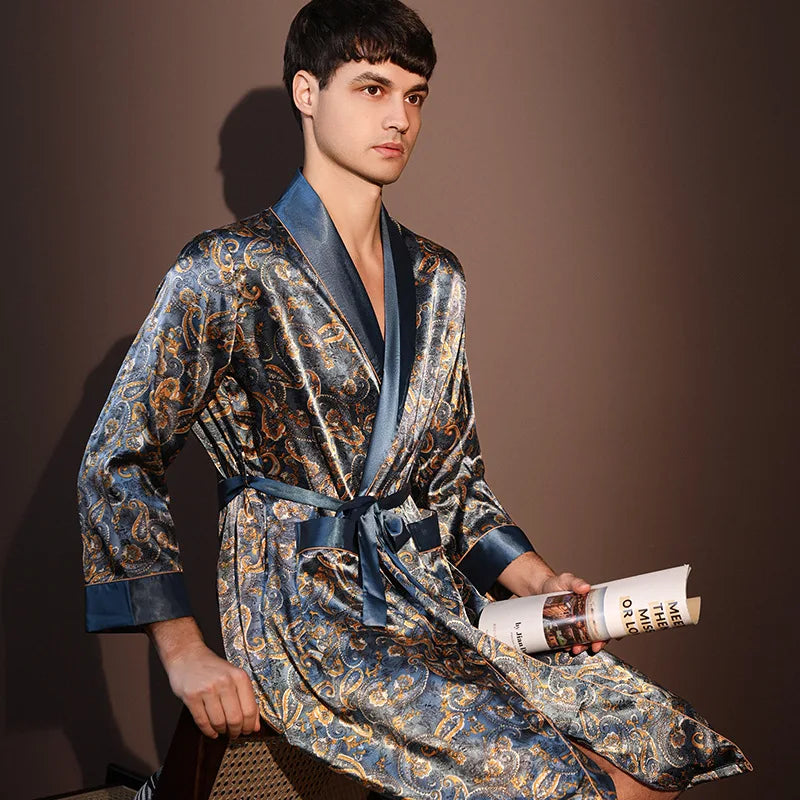 Men's Ice Silk Printed Bathrobe | Thin Summer Nightrobe Large Size Loungewear