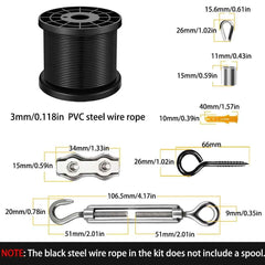 66pcs 3mm Black Stainless Steel Wire Rope Kit 20/30/50M | Heavy-Duty Balcony Railing Garden Farm Fence