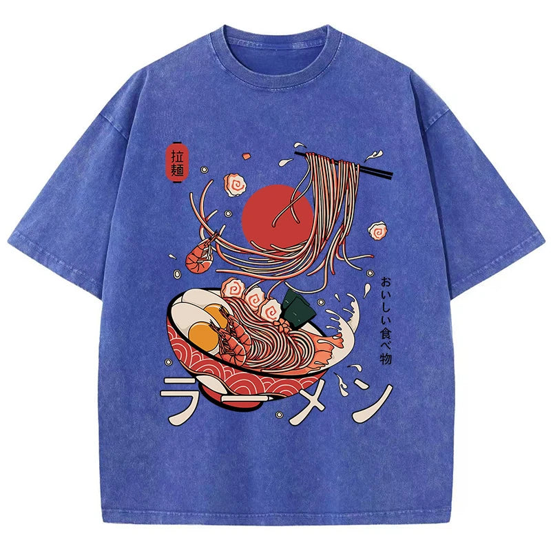 Women's Ramen Noodles Harajuku Washed T-Shirt | Cotton Oversized O-Neck All-Match Casual Top