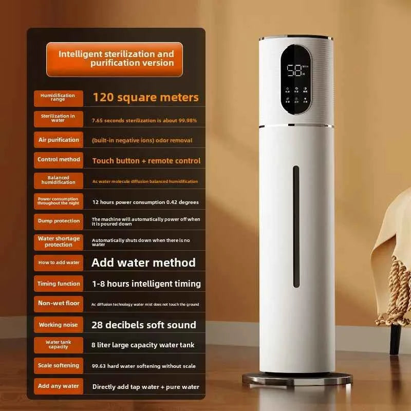 8L Ultrasonic Air Humidifier - Large Capacity Floor Standing Cool Mist Diffuser with Remote Control