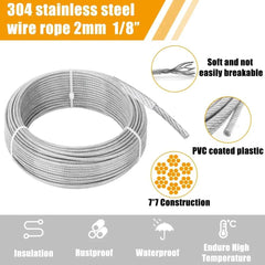 304 Stainless Steel Rope Kit 10/15/20M | PVC Coated Cable for Garden Fence Clothesline Balcony Camping
