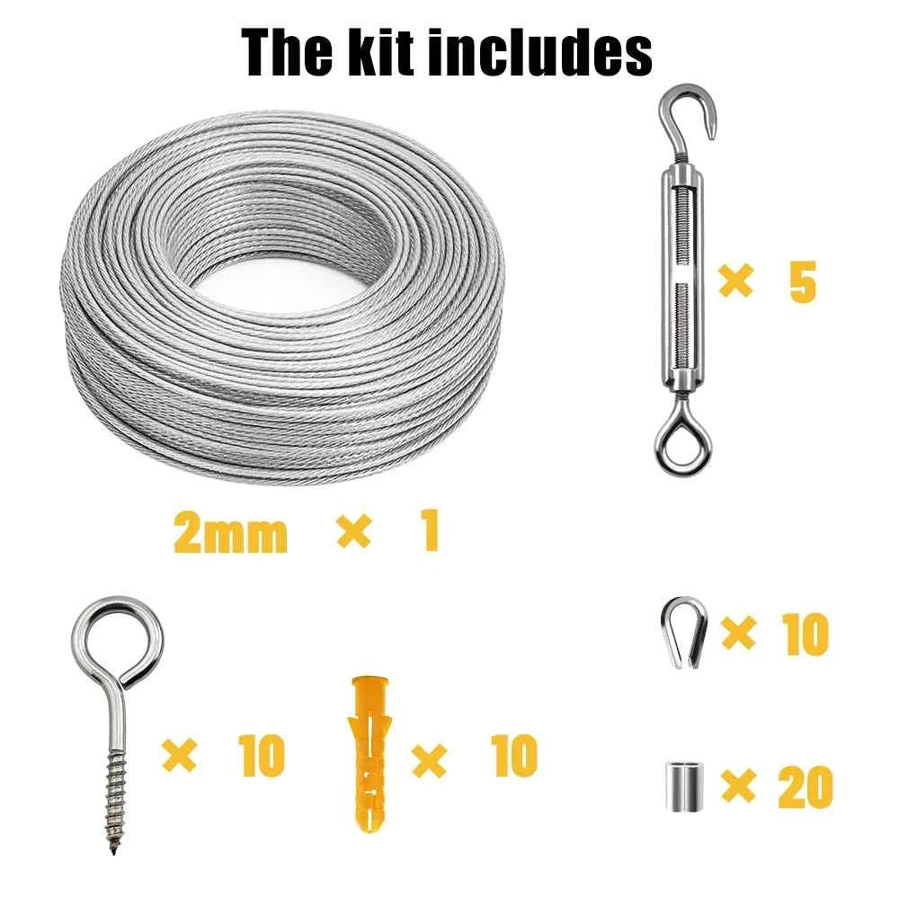 56pcs Complete Wire Rope Kit 25–50M | PVC Coated Steel Cable for Clothesline Guardrail Safety Camping