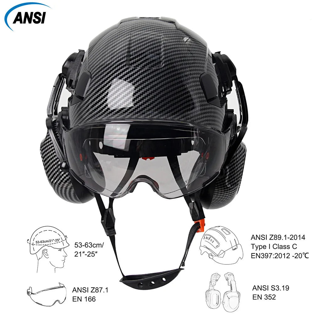 Carbon Fiber Pattern Safety Helmet With Earmuffs Double Goggles by Snagg A Safety Helmet