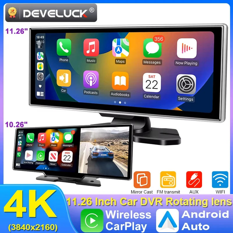 10/11.26 inch Dash Cam 4K Car DVR Wireless Carplay & Android Auto GPS Navigation Video Recorder Dashboard Dual Lens Wifi FM AUX by SnaggIt
