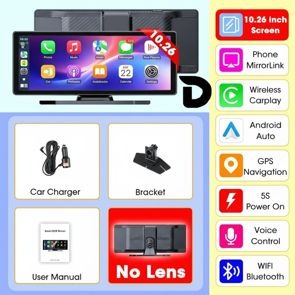 11.26" 4K Car DVR – Portable Dash Cam with Wireless CarPlay, Android Auto & 5G WiFi Navigation by Snagg A Car DVR