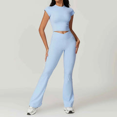 Women's 2-Piece Short Sleeve Yoga Set | Crop Top & High Waist Leggings Gym Workout Sportswear