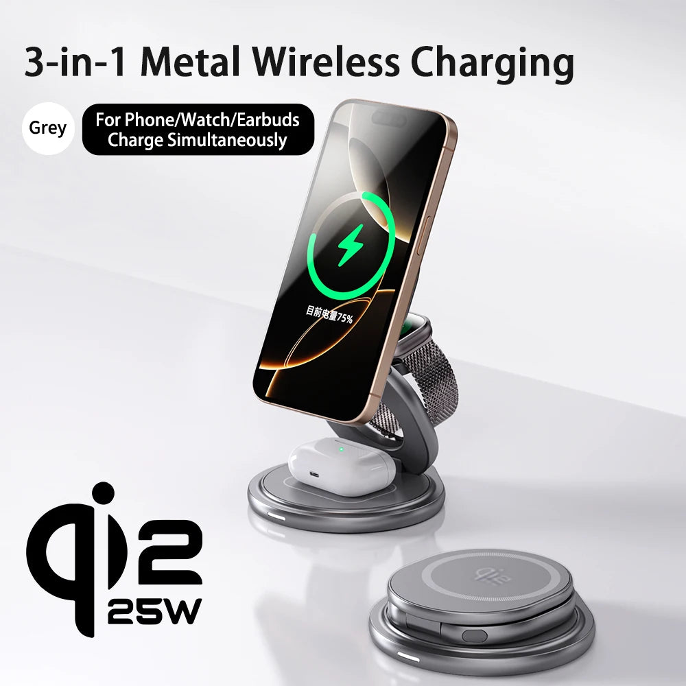 Qi2.2 25W Metal Wireless Charging Stand | 360° Rotation Portable Fast Charger iPhone Watch AirPods