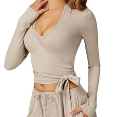 Women's Long Sleeve Exposed Navel Sports Top | Solid Quick-Dry Gym Yoga Running Workout Shirt