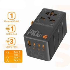 65W GaN Universal Travel Adapter with USB Type C by Snagg A Travel Adapter