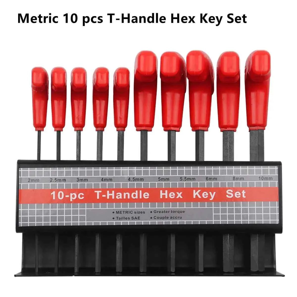 10 Pcs Professional T-Handle Hex Key Set | Metric or SAE Master Allen Wrench Kit with Wall-Mount Storage Stand