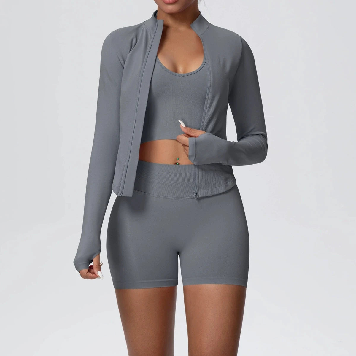 Women's 3-Piece Seamless Yoga Suit | Shockproof Bra Crop Top & Long Sleeve Gym Legging Set