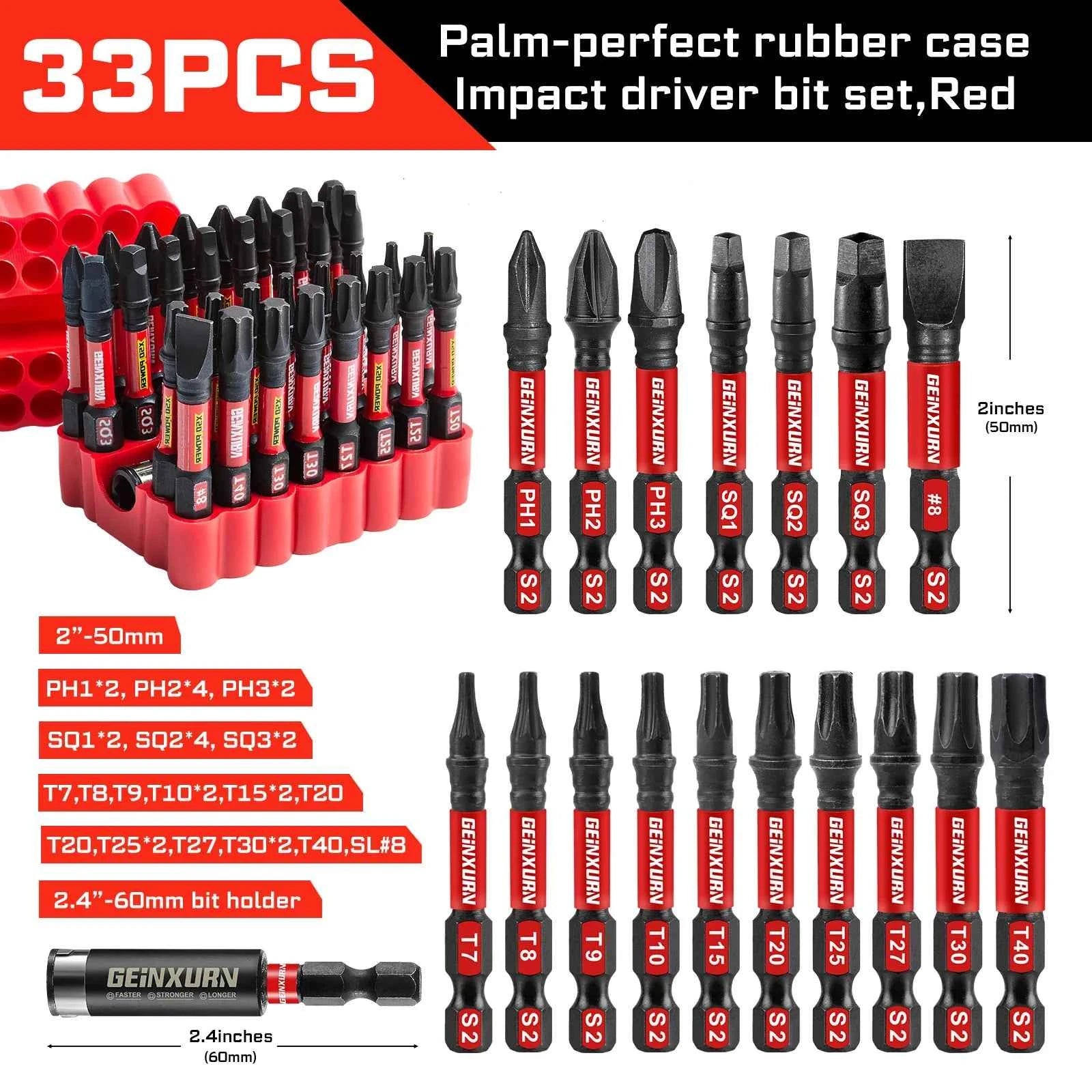 33PCS Impact Screwdriver Bits Set, 2” Magnetic (PH/SQ/Torx/Hex/Slotted) S2 Steel Bits with Bit Holder & Soft Base