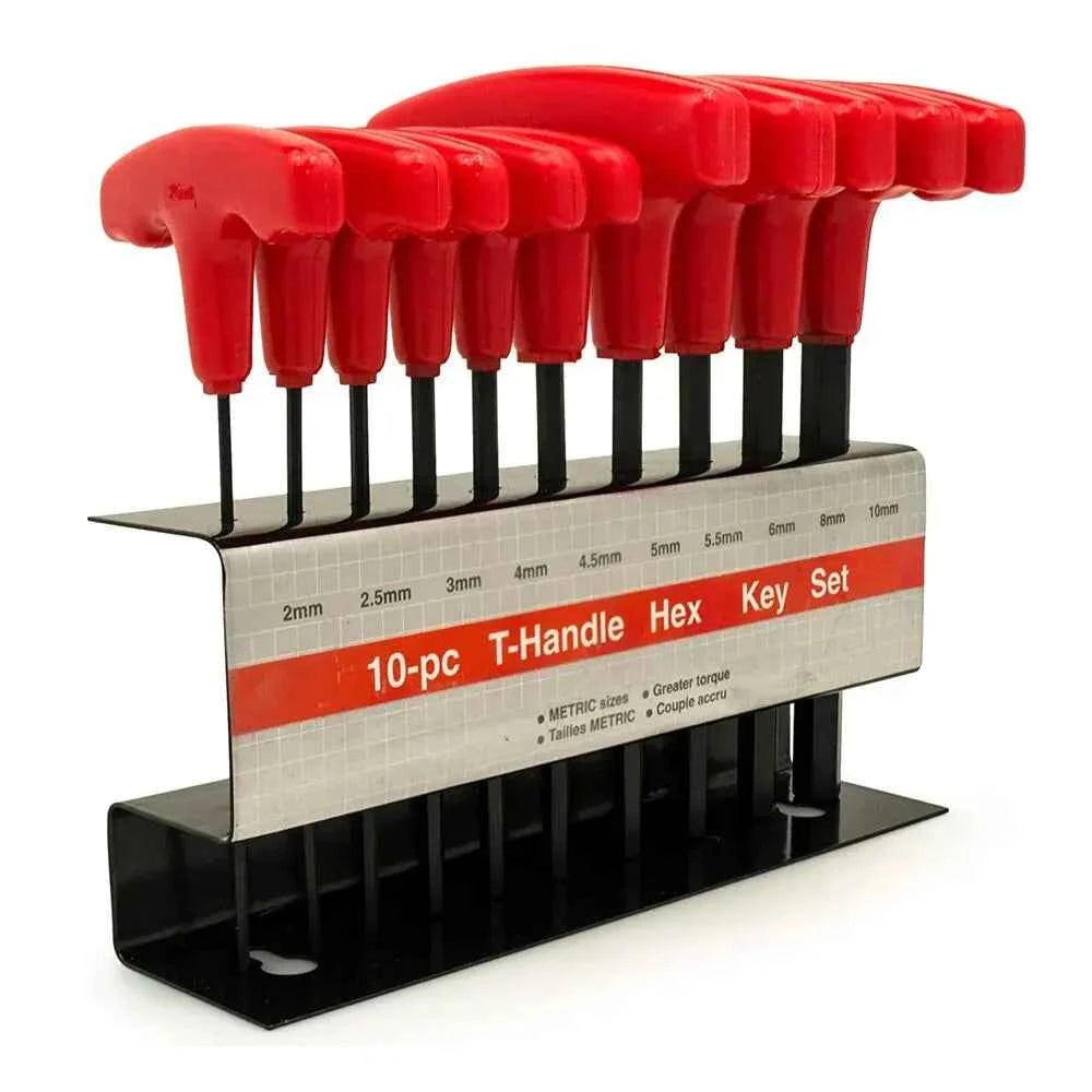 10 Pcs Professional T-Handle Hex Key Set | Metric or SAE Master Allen Wrench Kit with Wall-Mount Storage Stand