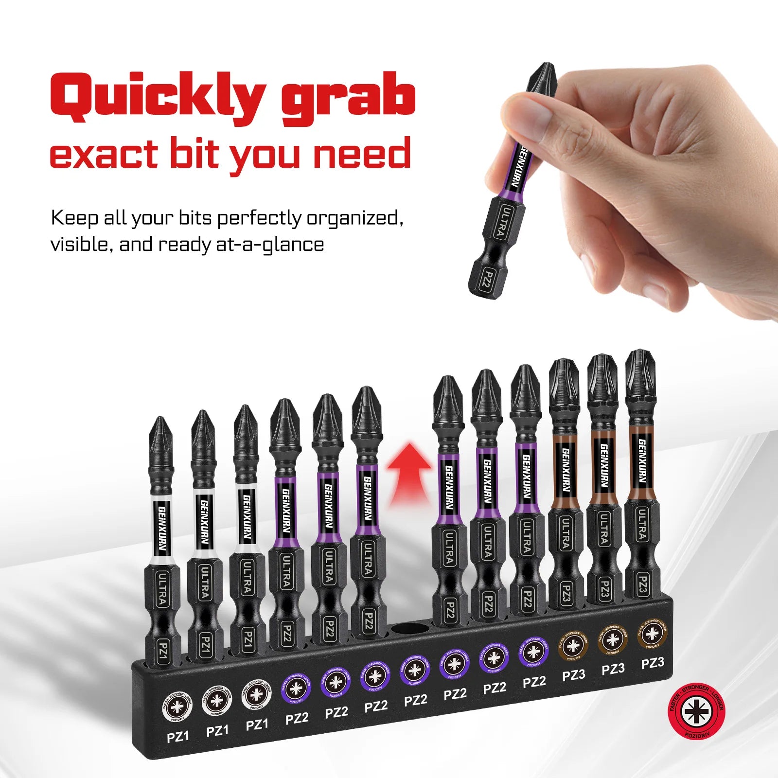 Impact Pozidriv Screwdriver Bits Set PZ1/2/3 14pcs | Magnetic S2 Steel Bits & Bit Holder Colour-Coded