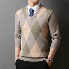 Men’s Argyle Plaid V-Neck Pullover | Classic Winter Knitted Sweater