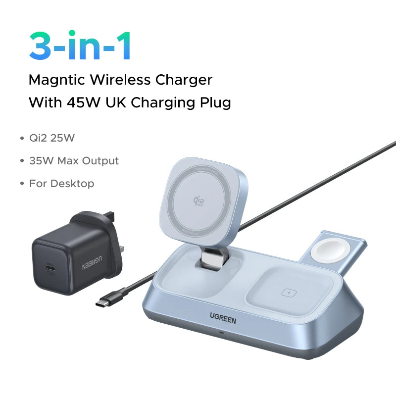 Qi2 25W 3-in-1 Magnetic Wireless Charger Stand | iPhone 17 Pro Max AirPods 4 Apple Watch MagSafe Fast Charger