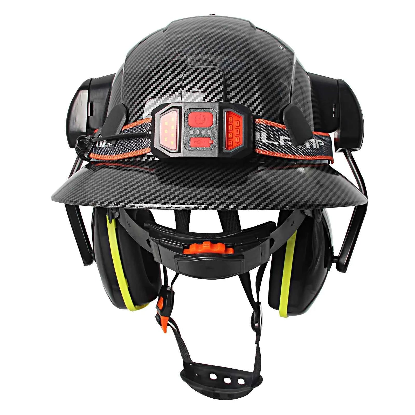 Full brim construction safety helmet with earmuffs and head lamp – image 3