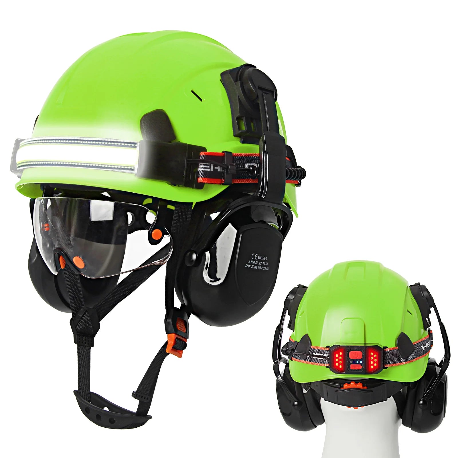 Construction safety helmet with built-in goggles, LED headlamp and earmuffs – image 18