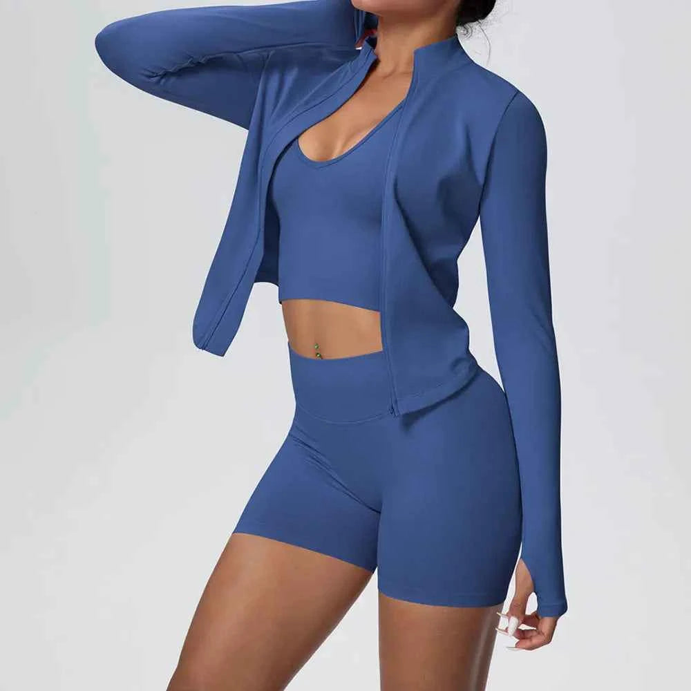 Women's 3-Piece Seamless Yoga Suit | Shockproof Bra Crop Top & Long Sleeve Gym Legging Set