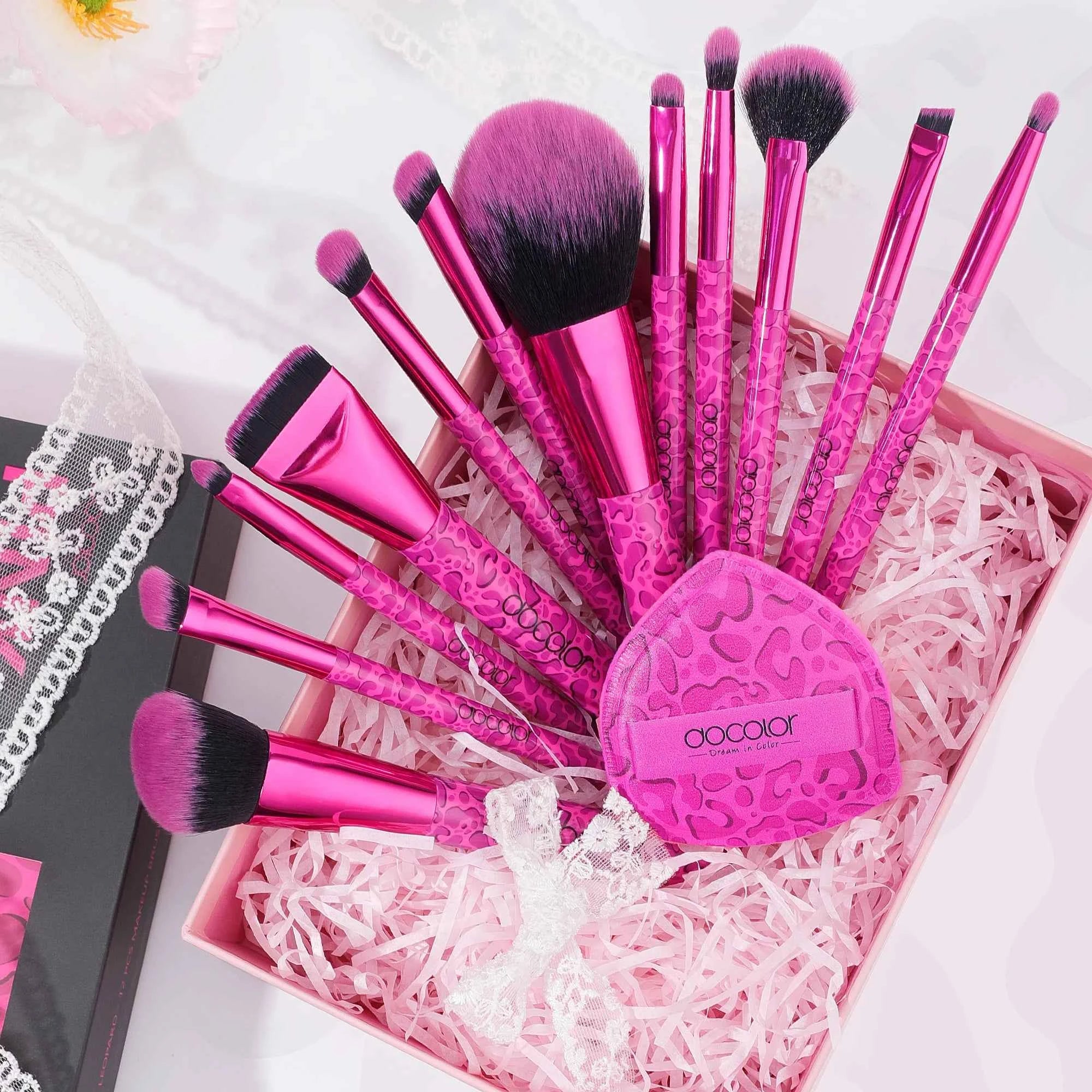 12 Piece Makeup Brush Set – Leopard Pink Professional Beauty Kit