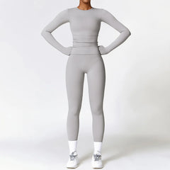 Women's 2-Piece Seamless Long Sleeve Crop Top Yoga Set | High Waist Leggings Gym Fitness Suit