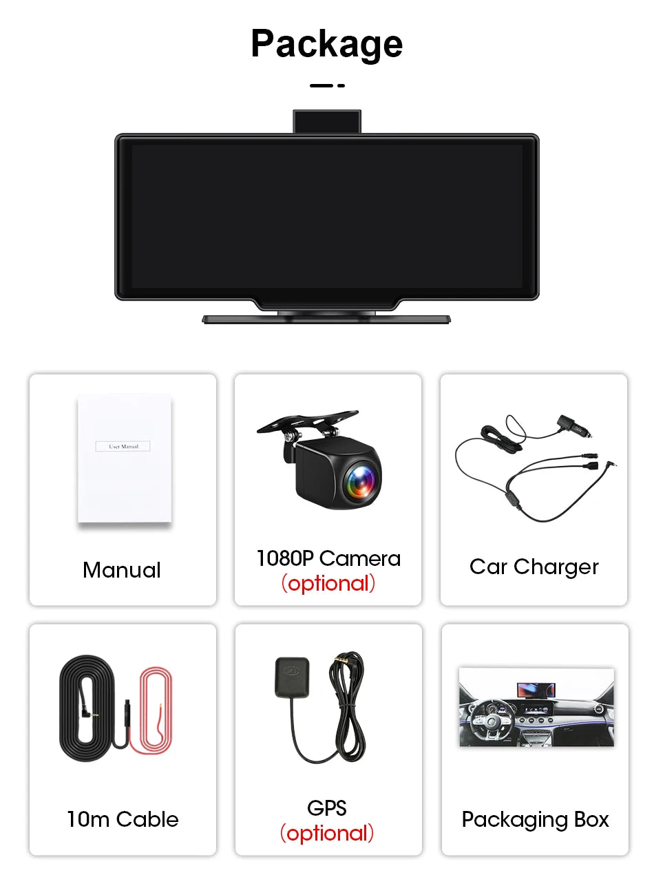 10.26" 4K Dash Cam And Rearview Mirror Car Video Player with Wireless CarPlay by Snagg A Car DVR