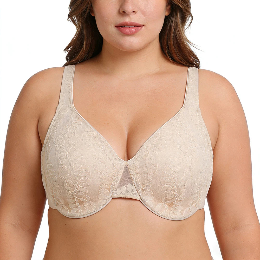 Plus Size Floral Lace Bra | Underwire Non-Padded 3/4 Cup High Support Soft Daily Wear