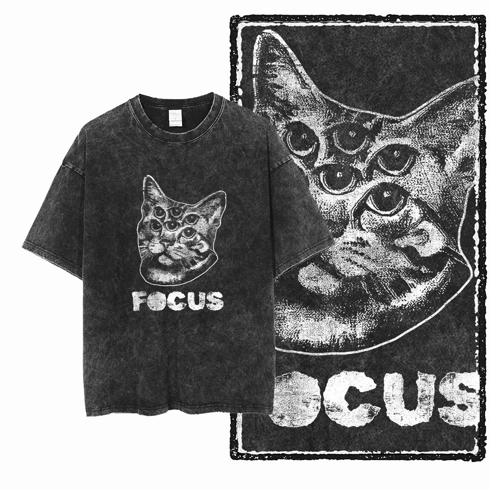 Acid Washed Cat Graphic Unisex T-Shirt | Cotton Streetwear Big Size Vintage Tee