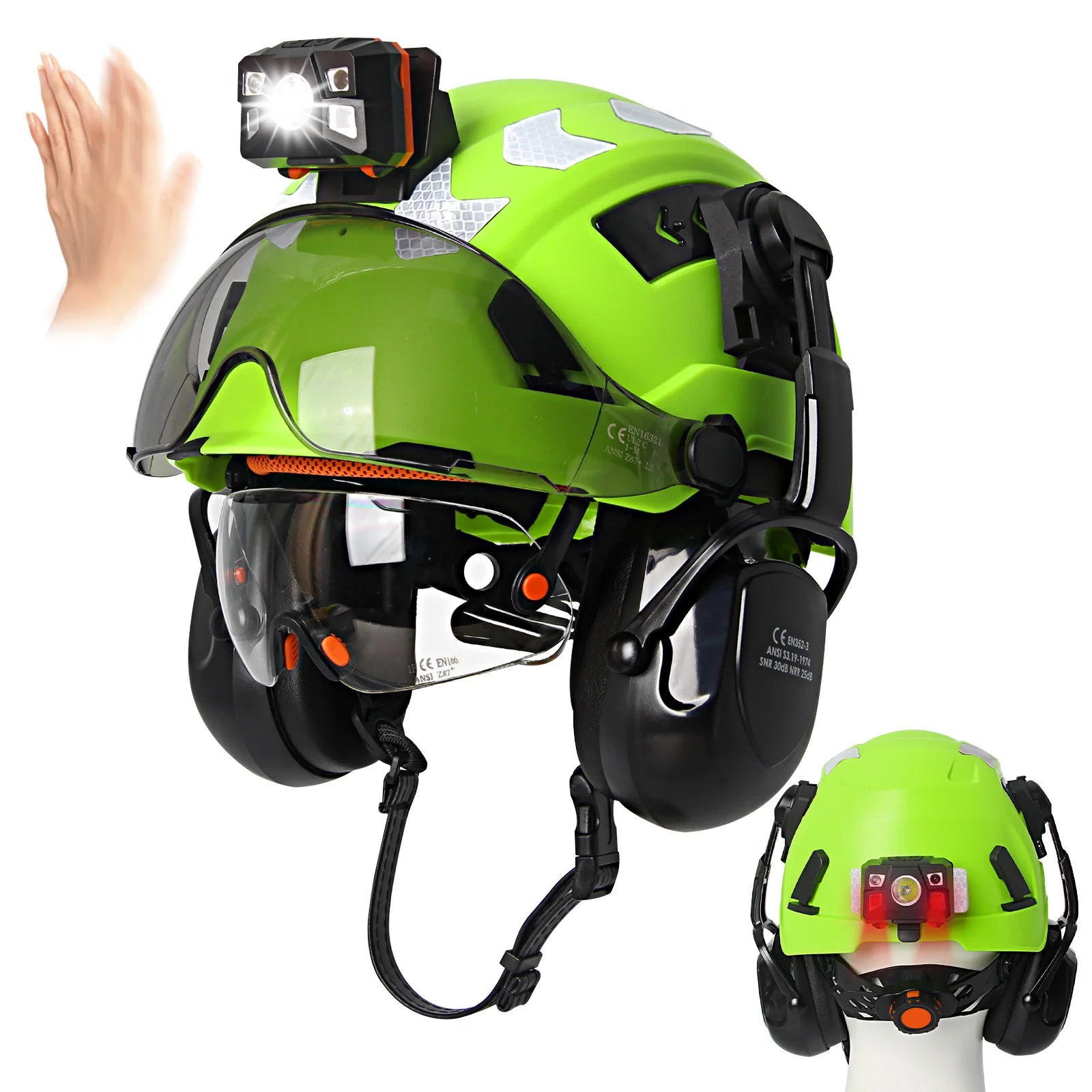 Construction safety helmet with earmuffs and head lamp – image 6