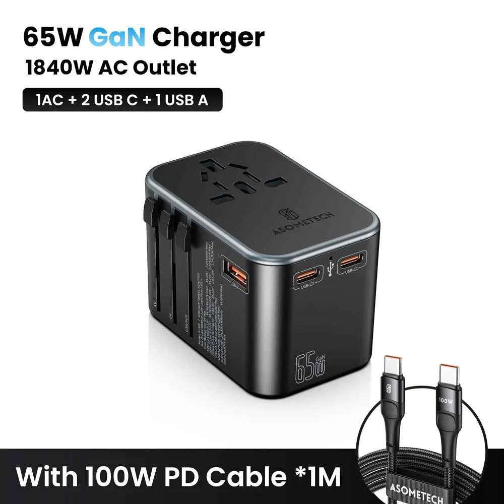 65W GaN Universal Travel Adapter | PD All-in-One Worldwide Wall Charger for USA EU AUS UK Plug