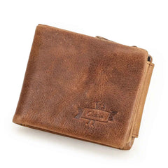 Crazy Horse Cowhide Leather Trifold Wallet with Zip Coin Pocket