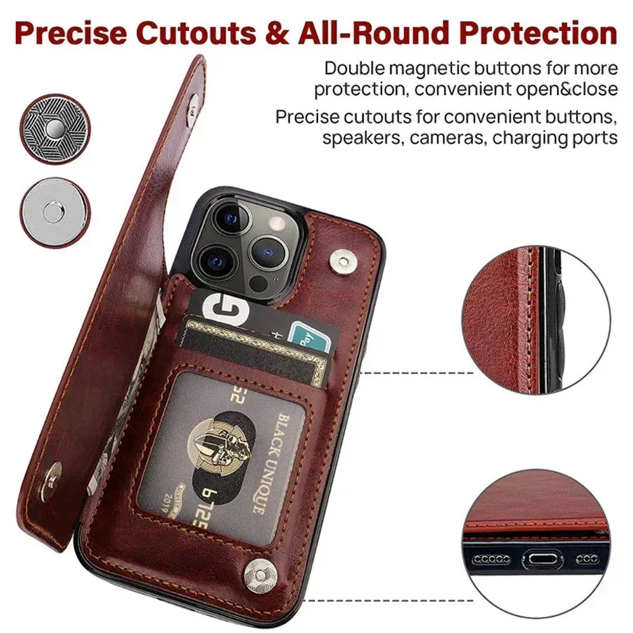 Double Button Wallet Flip Leather Case with Card Slot & Stand – for iPhone 14 Series - Phone Cases Covers