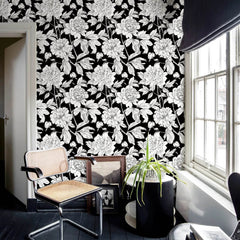 Black & White Floral Retro Peel & Stick Wallpaper - SnaggIt