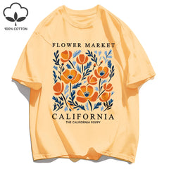 Women's California Yellow Flowers Market Print T-Shirt | Soft Cotton O-Neck Casual Crewneck Short Sleeve