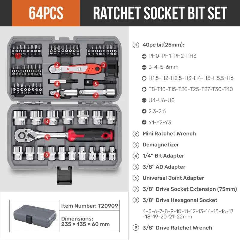 40-in-1 Ratchet Socket Bit Set 1/4" Drive – Cr-V Steel, Quick-Release, Phillips & Slotted for Repair