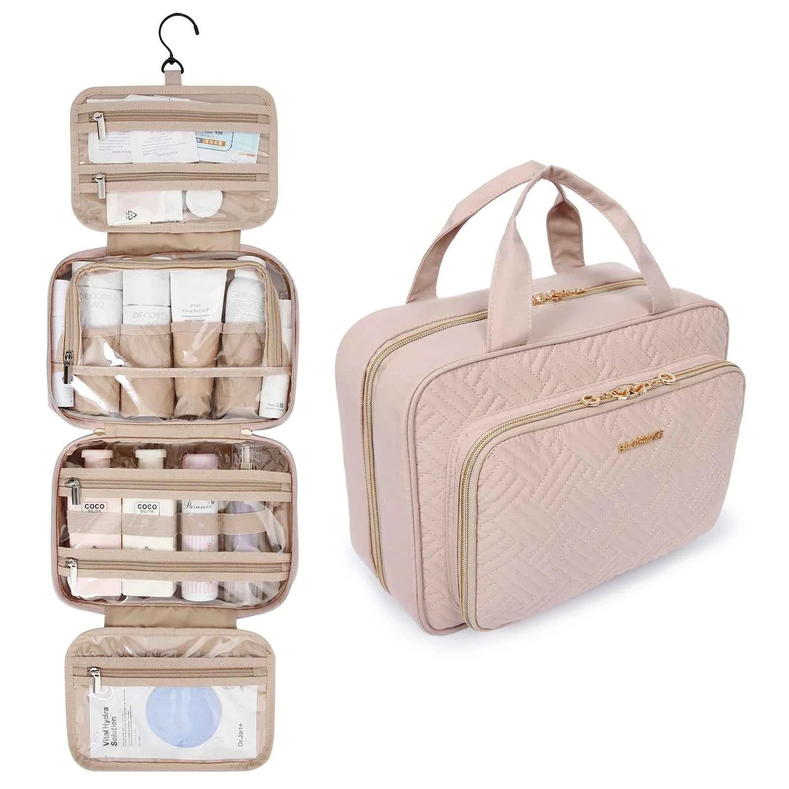 Women's Large Waterproof Cosmetic Bag – Travel Makeup Pouch Organiser with 360° Swivel Hook