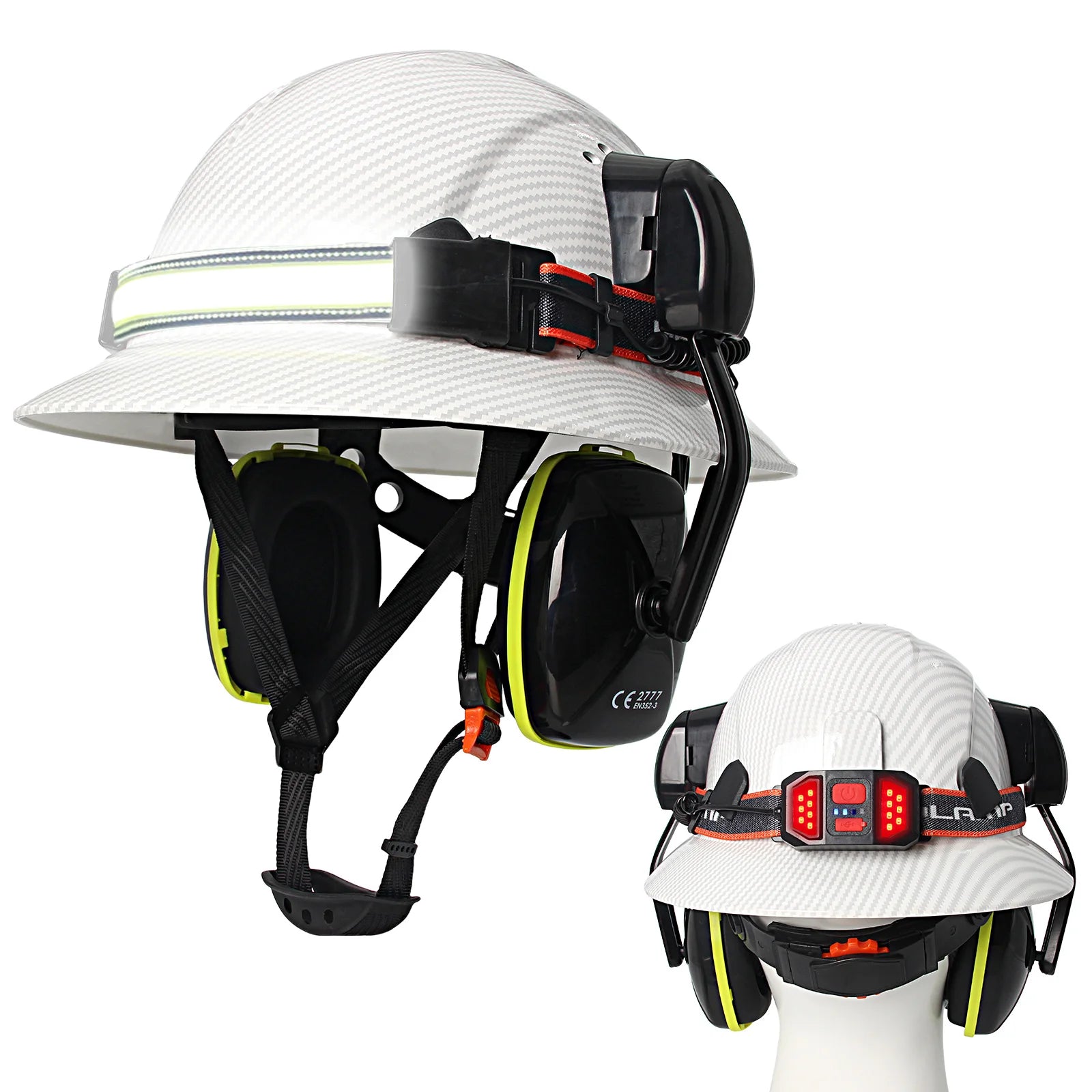 Full brim construction safety helmet with earmuffs and head lamp – image 8