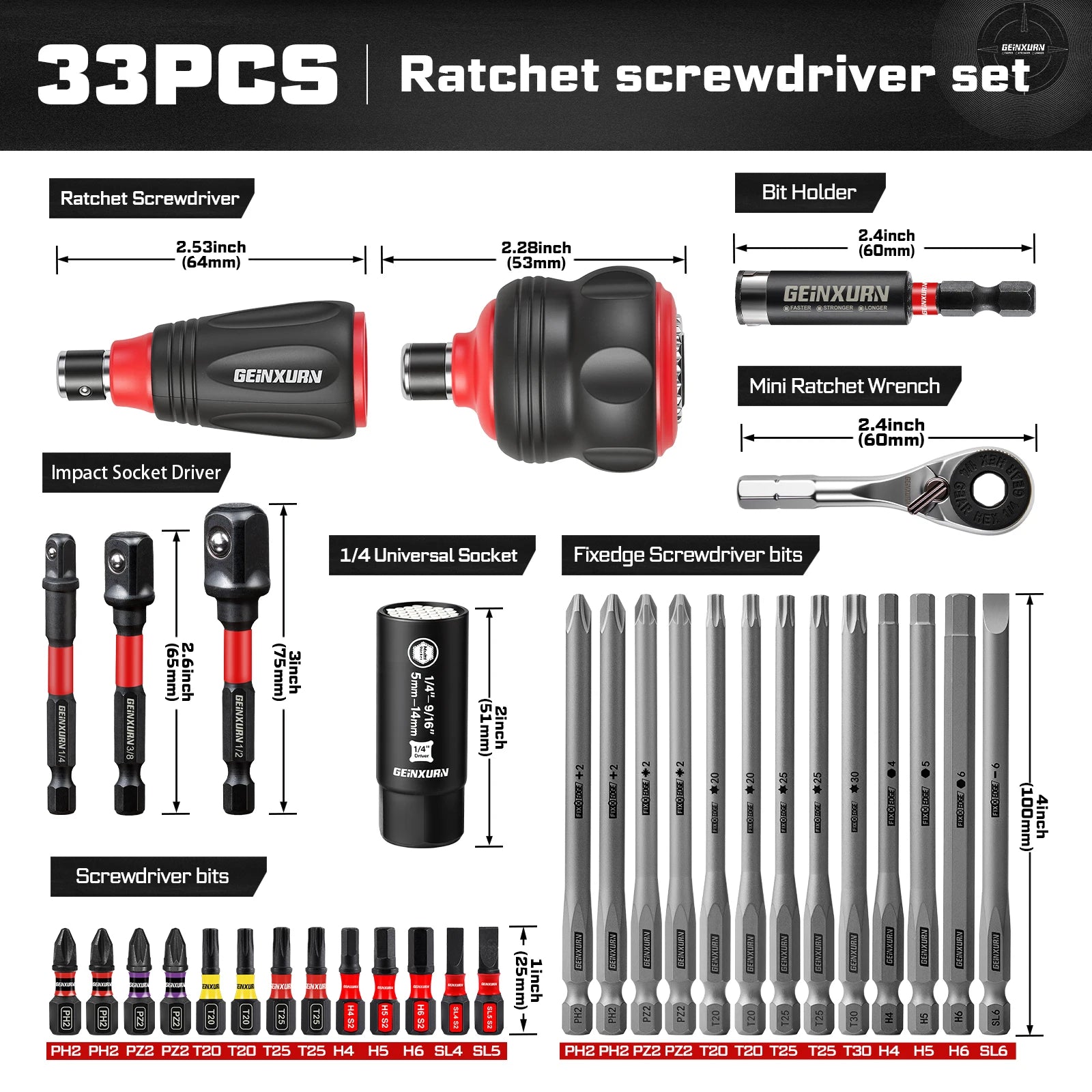 Impact Magnetic Screwdriver Set | Stubby 2-in-1 Ratchet Handle Dual-End Socket Wrench Bits Nut Driver