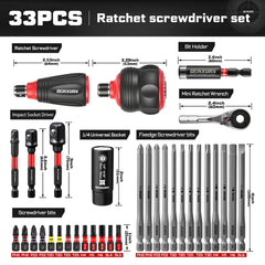 Impact Magnetic Screwdriver Set | Stubby 2-in-1 Ratchet Handle Dual-End Socket Wrench Bits Nut Driver