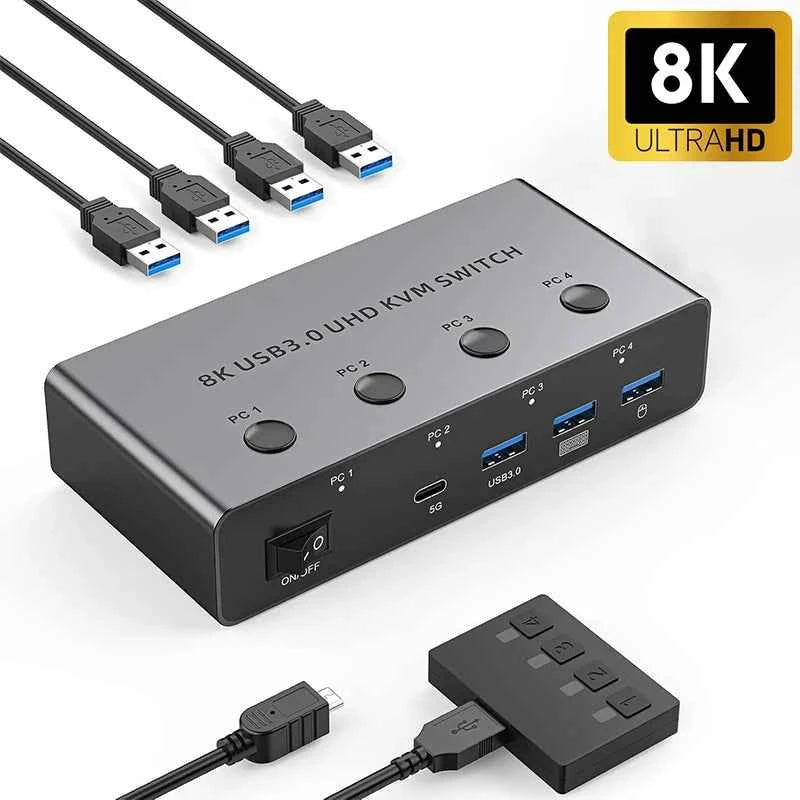 8K@60Hz / 4K@120Hz HDMI 2.1 KVM Switch – 4 PC, USB 3.0, Share Monitor, Keyboard, Mouse & Printer