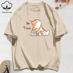 “Too Tired Cat” 100% Cotton Tee, Soft Relaxed Fit Streetwear Graphic Shirt