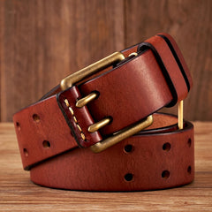 Men’s Vintage Cowhide Leather Belt - 3.8cm Wide Strap with Double-Pin Copper Buckle