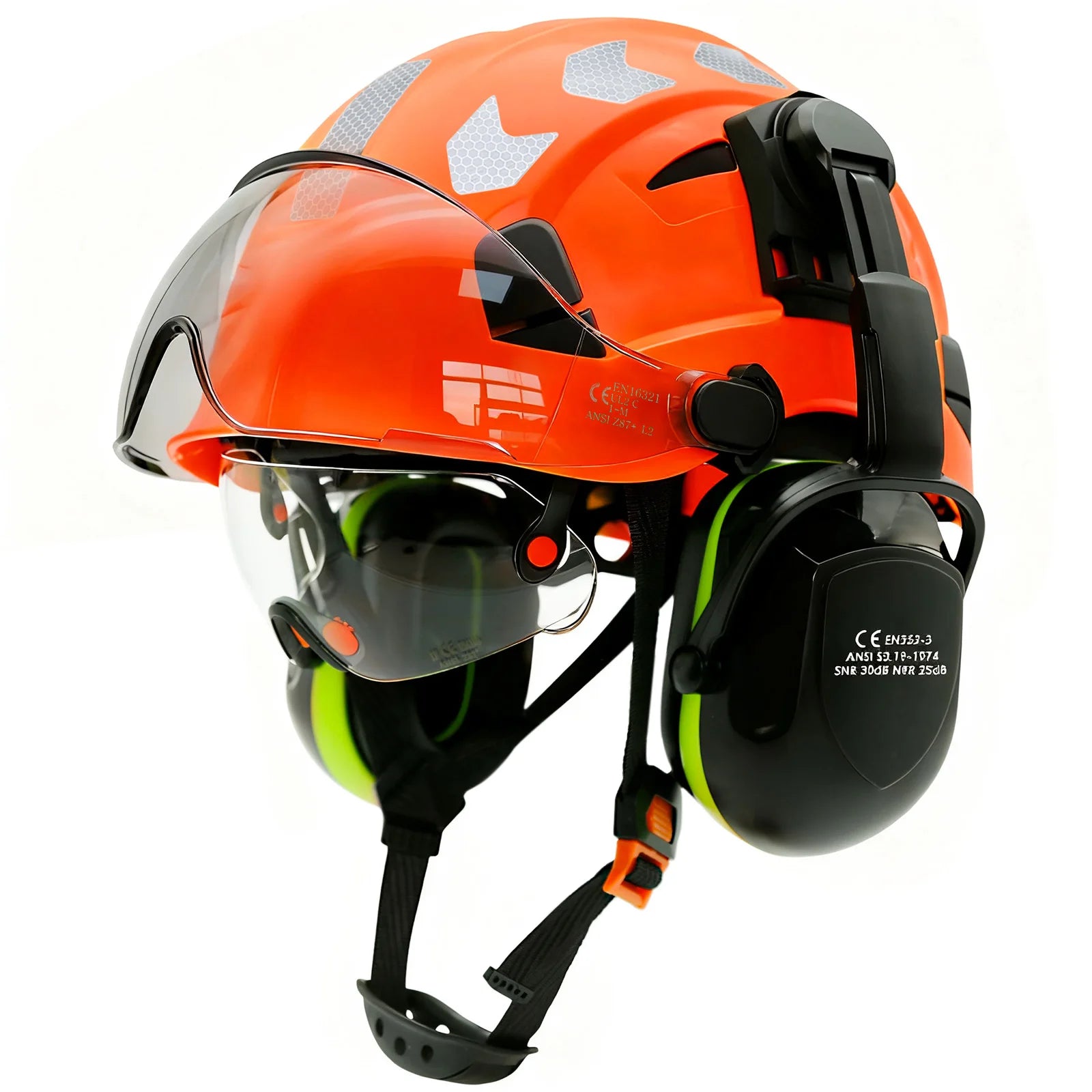 Vented construction safety helmet with double visors and earmuffs – image 15