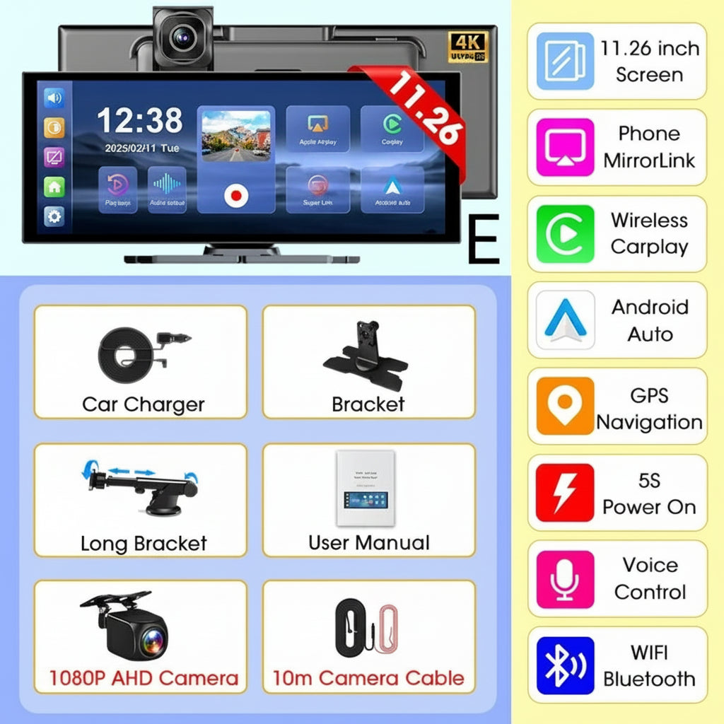 11.26" 4K Car DVR – Portable Dash Cam with Wireless CarPlay, Android Auto & 5G WiFi Navigation by Snagg A Car DVR