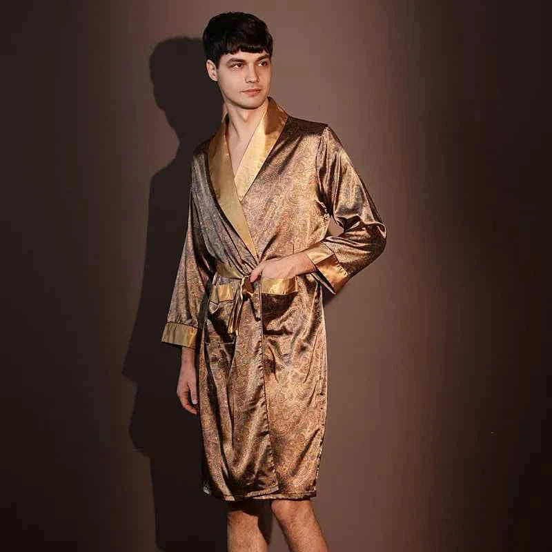Men's Ice Silk Printed Bathrobe | Thin Summer Nightrobe Large Size Loungewear