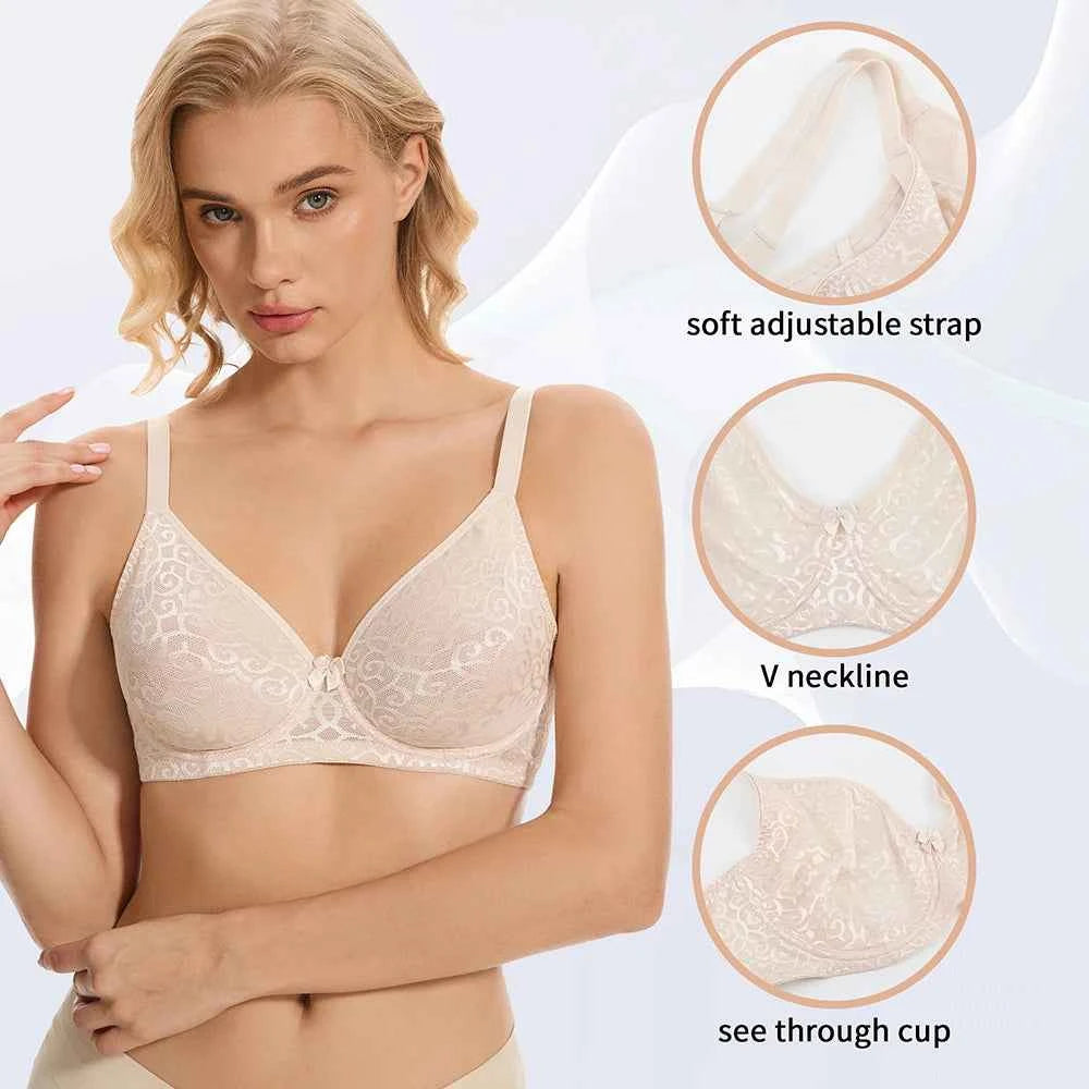 Plus Size Push Up Bra | Floral Lace Mesh Underwire Full Coverage Ultra-Thin