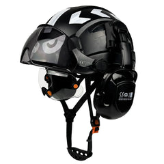 Vented construction safety helmet with twin visors, earmuffs and reflective stickers – image 7